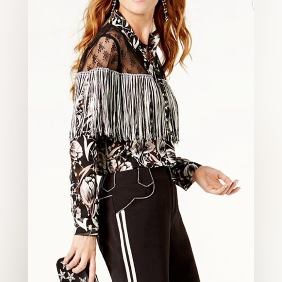 INC International Concepts Tops - NWT ANNA SUI x INC International Concepts Black and Cream Floral Fringe Blouse